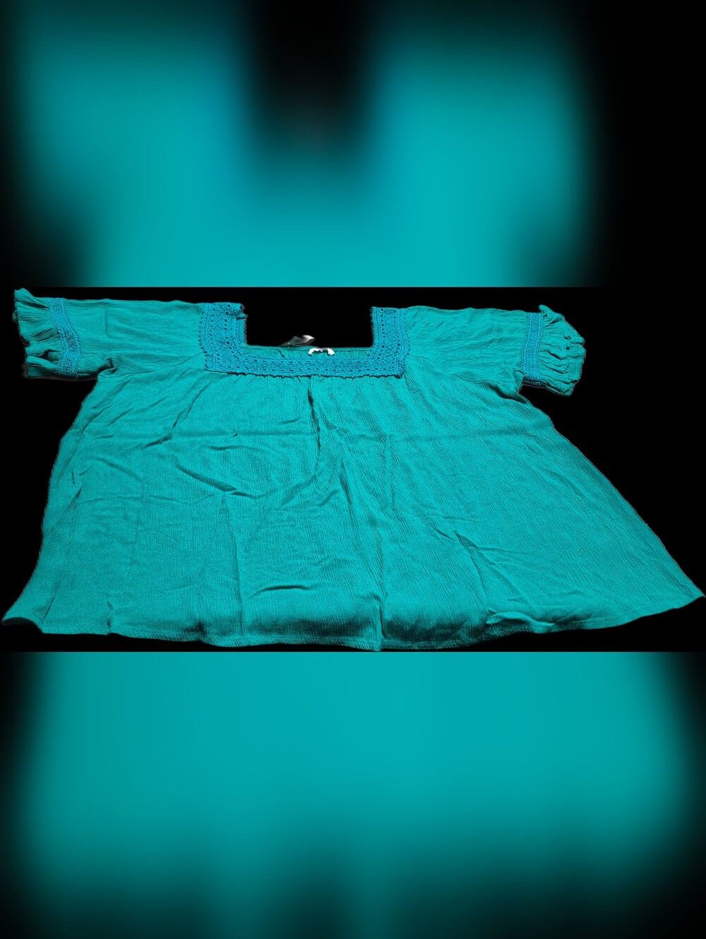 Maurices NWT Teal Grn Boho Blouse XL Square Neck Lace Crochet Trim Short Sleeve